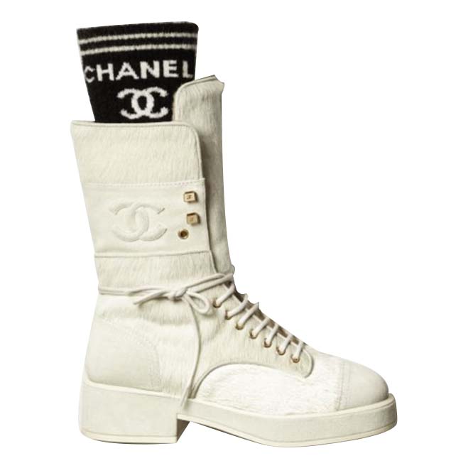 CHANEL LACE-UPS 		CALFSKIN, KNIT & SUEDE CALFSKIN			WHITE & BLACK G39506 Y56127 K4955